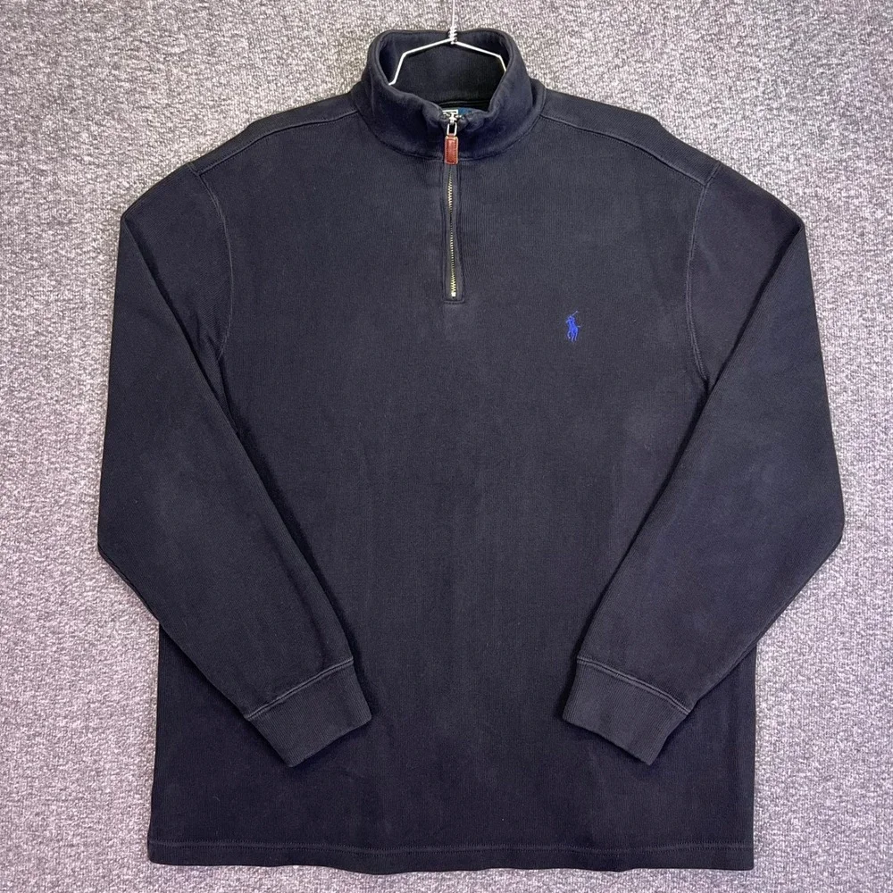 Polo Ralph Lauren Quarter Zip Pullover Mens L Black Cotton Casual Mock Neck Pony